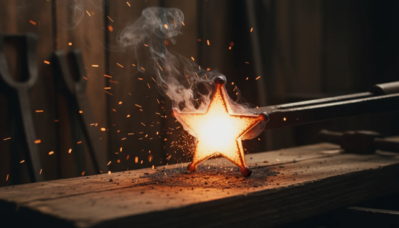 A sheriff-star branding iron searing its mark, sparks flying