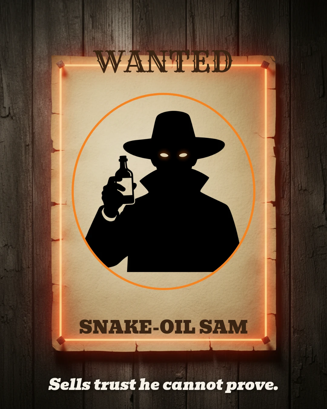 WANTED poster: Snake-Oil Sam, Sells trust he cannot prove.
